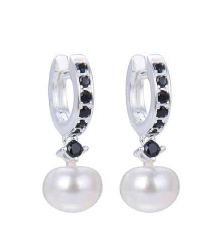 Aros Argollas con Piedras Negras y Perla 10MM